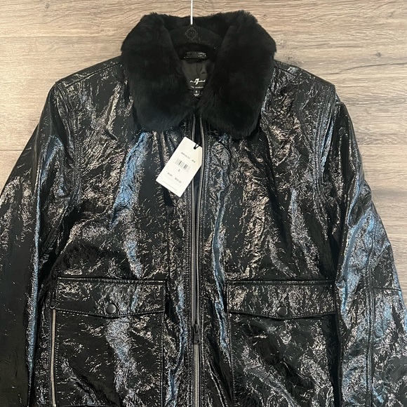 7 For All Mankind. Faux Fur Collar Patent Leather Jacket - Picture 5 of 11